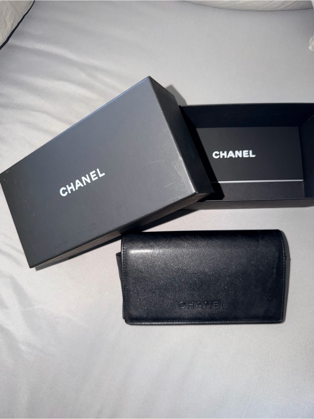 CHANEL calf skin sunglasses cash with Embossed Logo and a box